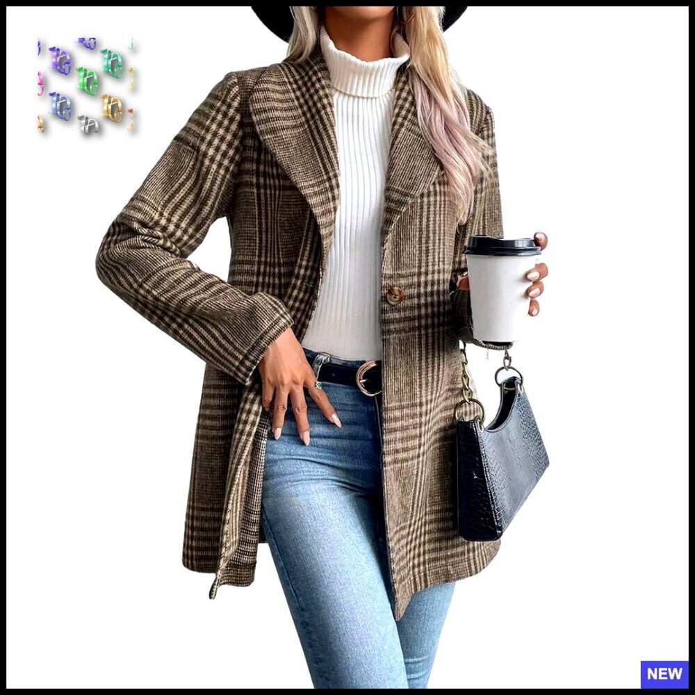 Long Wool Plaid Blazer Elegant Fitted Trench Coat Chic Work Office Outfits